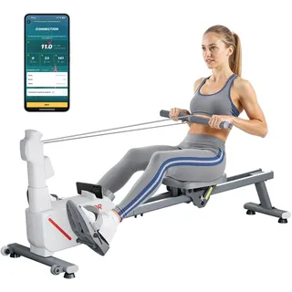 Vevor leises magnetisches Rudergerät 16 Widerstandsstufen einstellbar, faltbares Rudergerät für Zuhause mit Doppelgleitschienen & LCD-Monitor, Bluetooth-App-kompatibel, 158 kg belastbar