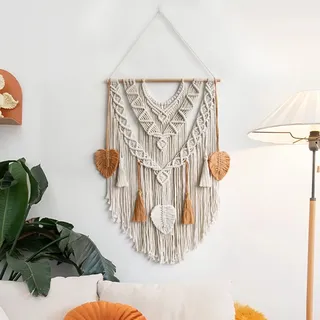 ANAZOZ Boho Makramee Wandbehang, Wanddeko Makramee Baumwolle Gewebte Mit Blätter Quasten Wand Tapisserie Böhmische für Schlafzimmer Wohnzimmer Kinderzimmer, 80x55cm