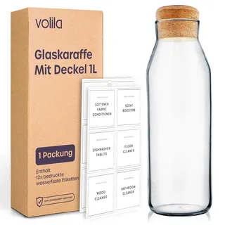 Wasserkaraffe 1L – Glaskaraffe mit Deckel – Nachttisch Glas Karaffe für Kaltgetränke, Milch und Saft – Vielseitige Wasserkaraffe mit Deckel & Bedruckten Wasserfesten Etiketten (1 pack)