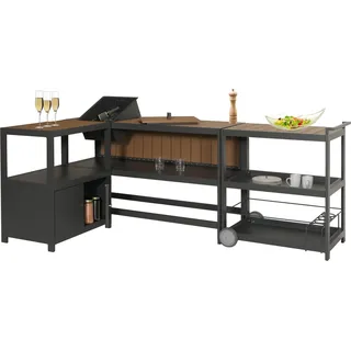 Aluminium Outdoor-Küche 3-teilig HWC-M64, Außenküche Garten Servierwagen Eiskübel Schrank anthrazit, helle Holzoptik - Braun
