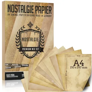 Altes Papier 100g - 50 Blatt - Nostalgie DIY Briefpapier A4 Antik beidseitig bedruckt Ideal für Kommunion, Für Landkarte, Kinder Schatzsuche, Nostalgische Einladungen - 3 verschiedene Motive