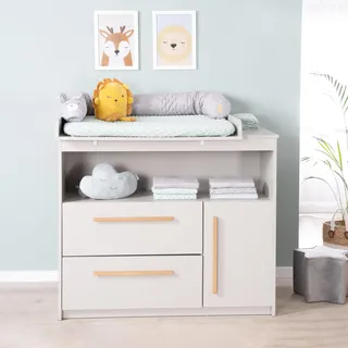 roba Wickelkommode Lea inkl. abnehmbarem Wickelaufsatz - Wickeltisch mit 2 Schubladen & 1 Tür - Griffe aus Holz - Beige/Grau