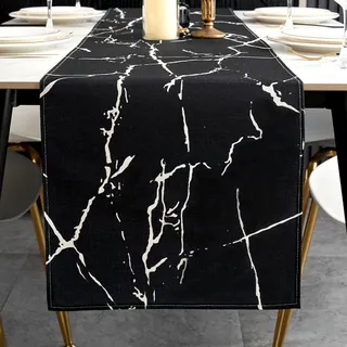 ViaElayu Tischläufer Modern Schwarz Weiß Marmor Textur Abstrakte Abwaschbar Outdoor Frühling Landhausstil Vintage Bauernhaus Rechteckige Tischdecke Küche Tisch Läufer Party Deko 33x183 cm