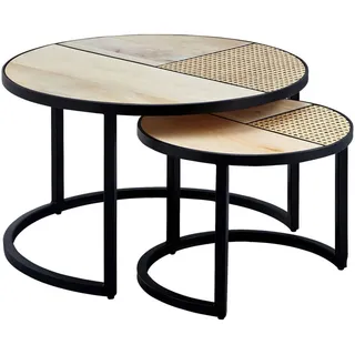 Mid.you Couchtischset , Braun , Holz , 2-teilig , Mangoholz, Rattan , massiv , rund , eckig , 60x37x60 cm , Wohnzimmer, Wohnzimmertische, Couchtische, Couchtische rund