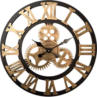 HSXL – Große Wanduhr aus Holz mit römischen Ziffern 60 cm – Schwarz mit Gold – 60 cm – Leises Uhrwerk - Schwarz, Gold