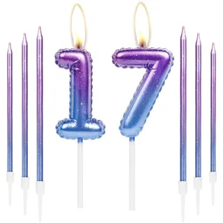 Lila blaue 17. Geburtstag Kerze, bunte dünne Party-Kerzen für Kuchen, Happy Birthday-Zahl 17, Lila Kuchen-Toppers für Mädchen und Jungen