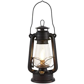 Lindby Tischlampe, Dekolampe Laternenform Metall Glas Nachttischlampe Laterne Vintage Design rostfarben Tischleuchte 1x E14 max. 40W ohne Leuchtmittel