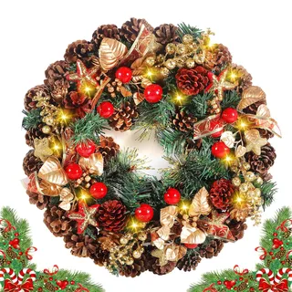 ZQEJEFD Weihnachtskranz, LED Weihnachtskranz mit Lichter-Kette und 10 LED in Warmweiß, 30CM Türkranz Weihnachten, Adventskranz, Dekokranz mit Kiefernzapfen und Rote Beerenfrucht Weihnachten Dekor