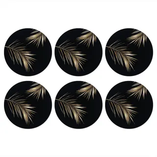 MuchoWow Glasuntersetzer 6er-Set Rund Blätter - Pflanzen - Gold - Schwarz - Luxus 10x10 cm , Naturmaterialen , 10x0.2 cm , Gläser, Untersetzer