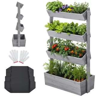 Yaheetech Vertikaler Hochbeet, 4-stufig, 45° neigbar, Pflanzbeet aus Tannenholz, wetterfest, Frühbeet Gartenbeet, Grau - Grau