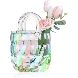 Vase Glas Handtasche, Klare Handgemachte Vase Glas Tasche Einzigartige Handtaschen-Gittervase für Langstielige Blumen, Kleine Glasfischschale, Büro Zuhause Wohnzimmer Esstisch Dekovase Tischvase