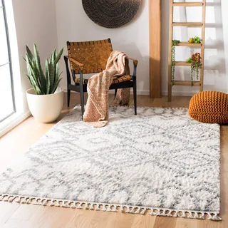 SAFAVIEH Zottelig Teppich für Wohnzimmer, Esszimmer, Schlafzimmer - Berber Fringe Shag Collection, Kurzer Flor, Creme und Grau, 160 X 229 cm