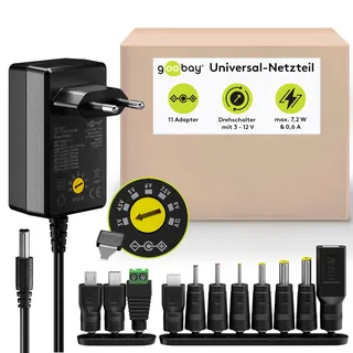 goobay Universal-Netzteil 3 V - 12 V, max. 7,2 W / DC Wechseladapter / Ersatznetzteil für TV, Router, LED Streifen / Variable Spannung / USB-C, USB-A, Micro-USB / inkl. 11 Adapter
