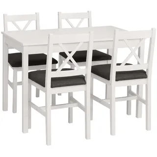 Mendler Esszimmer-Set HWC-F77, Sitzgruppe Esszimmergruppe, Massiv-Holz Kiefer Stoff Landhaus 110cm weiß Po