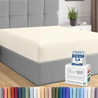 Pizuna Spannbettlaken 170x200-180x200 Neues Elfenbein 600 Fadenzahl | 100% Langstapelige nur Spannbetttuch, Weiche Mako Satin-Webart passt bis zu 40cm Matratzenhöhe Mako Satin