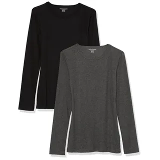 Amazon Essentials Damen Schmal geschnittenes Oberteil mit Langen Ärmeln und Rundhalsausschnitt aus Rippstrick (in Übergröße erhältlich), 2er-Pack, Dunkelgrau Meliert/Schwarz, S