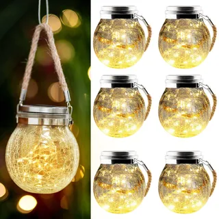 LUMILED 6er Set Solar Hängelaterne 12 cm IP44 3000K 20 LEDs 600mAh Solar Hängeleuchte, Kristall Glaskugeln zum Aufhängen, Bruchglas Optik, Dämmerungssensor Gartendeko für Außen Garten Terrasse - Silber, Transparent