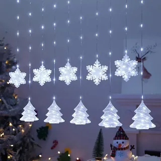 BLOOMWIN Weihnachtsbeleuchtung Fenster Lichtervorhang Innen, 2M 160 LED Weihnachtsdeko Fenster Beleuchtet, Schneeflocken Weihnachtsbaum Lichterkette Deko, Weihnachten Fensterbeleuchtung, Kaltweiß USB