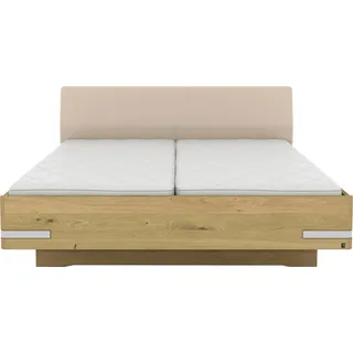 Musterring Holzbett MUSTERRING "Savona, Bettgestell, Bettrahmen, teilmassiv Bianco-Eiche", beige, B:180cm L:190cm, Betten, Bettgestell, Kopfteil Kunstleder Champagner, Details in Chrom, verschiedene Größen