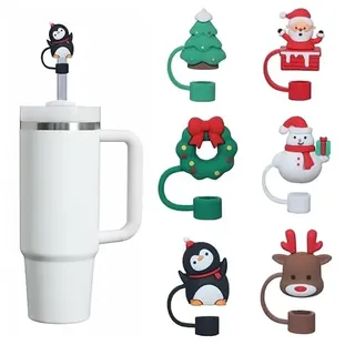6 x Weihnachts-Strohabdeckungen für Stanley-Becher, 10 mm Silikon-Trinkhalm-Deckel, Schneemann, Weihnachtsmann, Rentier, Pinguin, Spitzenschutz, spülmaschinenfest, wiederverwendbar