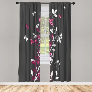 ABAKUHAUS Frühling Vorhänge 2 Panel Set für Wohnzimmer Schlafzimmer Dekor, Violette Baum Wirbelnde Persischer Flieder Blüten Mit Schmetterling Zierpflanze Grafik, 150 cm x 225 cm, Kohlengrau - Violett