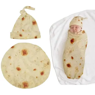 Petyoung Newborn Baby Wrap Burrito Swaddle Blanket with Hat Set, Soft Tortilla Pattern Blanket Gift for Baby Shower