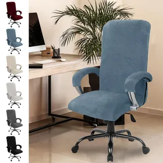 Chingcoo Samt Bürostuhl Bezug, Bürostuhl Überzug mit Armlehne, Sitzbezug Hohe Lehne Sitzbezug, Gaming Stuhl, Stuhlhussen Bezug Sessel Überzug, Elastische Hussen (Graublau)