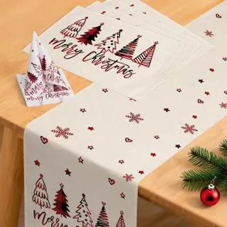 YCOLL Weihnachtsdeko Tisch Tischläufer Beige Winter Weihnachtsläufer Modern Wasserabweisend, mit Platzsets & Servietten Set für Drinnen Draußen Party Küche Esstisch Party Dekoration