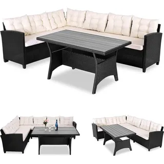 CASARIA CASARIA® Polyrattan Ecklounge Set WPC Esstisch Ecksofa inkl. 7cm Sitzauflagen 15cm Kissen Wetterfest Outdoor Lounge Garten Terrasse Balkon Möbel Schwarz
