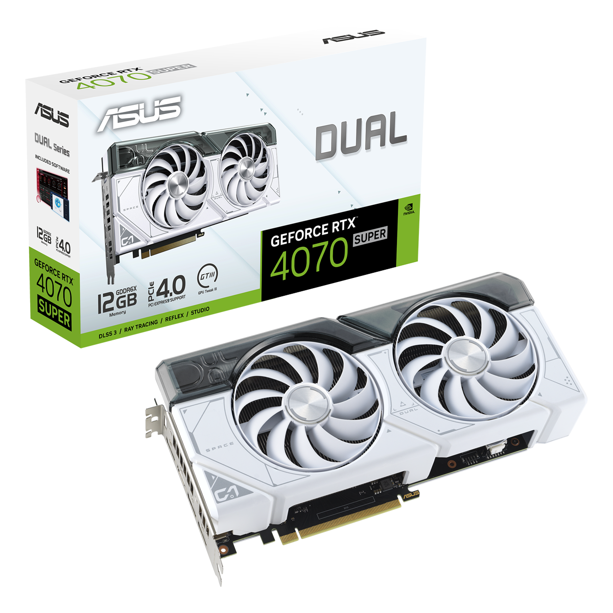 Bild von Dual GeForce RTX 4070 SUPER White OC, DUAL-RTX4070S-O12G-WHITE, 12GB GDDR6X, HDMI, 3x DP (90YV0K84-M0NA00)