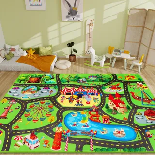 AKUNRUG Vergnügungspark Autoteppich-Spielmatte für Spielzeugautos, 150 × 100 cm Kinderteppich für das Spielzimmer