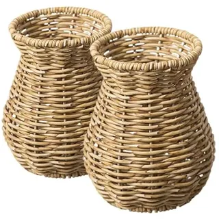 Handgefertigte Geflochtene Kunststoffvase 2er Set, Rustikale Rattanimitat Blumenhalter für Wohnzimmer Schlafzimmer Tischdeko, Amerikanischer Landhausstil, Naturfarbe