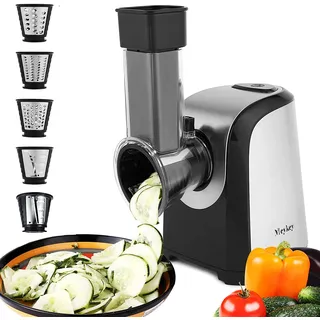 Meykey Elektrischer Gemüse- und Obstschneider, 150 W, mit 5 Zubehörteilen und großem Futterrohr, für Ihr Gemüse und Obst, BPA-frei