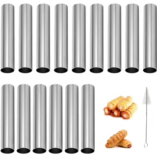 AIZHAZHA Cannoli Backform Set - 15 Stück Edelstahl Formen, 12 cm Röhrchen Mit Reinigungsbürste, Schillerlockenform Antihaft, Schaumrollenformen, Croissant Form, Backzubehör