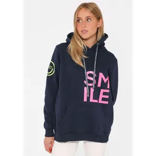 Hoodie ZWILLINGSHERZ "Alissa", Damen, Gr. XXL/XXXL, blau (marine), Sweatware, Obermaterial: 50% Baumwolle, 50% Polyester, unifarben mit Farbeinsätzen, normal hüftlang, hoch geschlossener Ausschnitt, Bündchen, Sweatshirts Hoodie, Langarm, Kapuze, Neon-Details, Kordelzug, Frontprint, Kängurutasche
