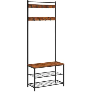 Boxxx Garderobenständer , Braun, Schwarz , Metall, Holzwerkstoff , 70x175x32 cm , Schuhablage, standfeste Füße, Jackenhalter, integrierte Sitzfläche , Garderobe, Garderobenständer