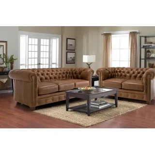 Klassische Chesterfield Sofa Couch Polster Garnitur Ledersofa 3+2 Sitzer Sofas - Braun
