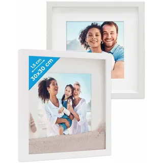 PHOTOLINI 3D Bilderrahmen zum Befüllen 30x30 Weiß groß, 1,5 cm tiefer Objektrahmen mit Glas, 2X tiefer Bilderrahmen 30x30 Holz MDF mit Passepartout, Dicker 3D Rahmen befüllbar für Gegenstände