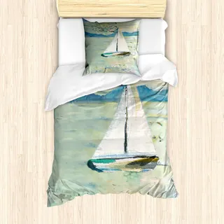 ABAKUHAUS Kunst Bettbezug Set, Monet Segelboot Yacht mit Vögeln Aquarell Brushstroke Zusammensetzung, 135 x 200 cm + 80 x 80 cm, Pale Blue Teal und Weiß - Blau, Türkis, Weiß