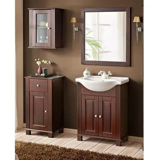 Badezimmer Badmöbelset inkl. 65 cm Keramik-Waschbecken AVEIRO-56 im Landhausstil, Pinie Massivholz braun, B/H/T ca. 150/180/44cm - Braun