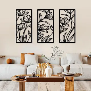YiYa 3 Stück Wanddeko aus Metall Metall Blume Wand Dekor Floral Line Wandskulptur Schwarze Wanddekoration Minimalist Line Art für Zuhause Wohnzimmer Schlafzimmer
