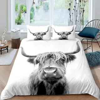 Bettwäsche Set 135x200 cm Kinder Jungen Erwachsene Hochlandkuh Waldtiere Longhorn Bull Grau Mikrofaser