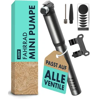 AARON Pocket One Mini Fahrradpumpe für alle Ventile - kompakte Luftpumpe passend für jeden Rahmen - Handpumpe für unterwegs mit gratis Pannenset - Rad Pumpe in schwarz/grau