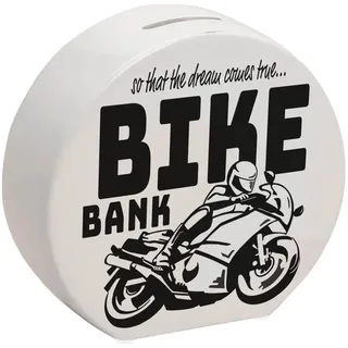 Bike Bank Spardose in schwarz zum Thema Motorradkauf und Motorrad Fahren schöne Sparbüchse Geschenk für Sparfüchse die Träume eines Bikers mögen oder Sich ihren eigenen Traum