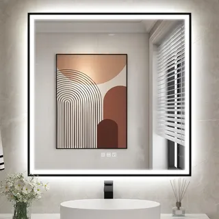 STARLEAD Badspiegel-mit-Beleuchtung 80x80 cm, LED-Spiegel-Bad-mit Bluetooth, Entfoggen, IP44 Badezimmer-Spiegel-mit-Licht 3 Farblichter, Dimmbar, Speicherfunktion, HD Hartglas, Schwarz