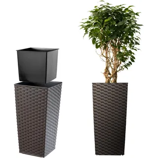 KADAX Pflanzkübel mit Innentopf, Höhe 75cm, Mokka Rattan – Wetterfester Blumentopf für Innen & Außen, ideal für Garten, Balkon & Terrasse, zum Bepflanzen, Dekorieren und als stilvoller Übertopf