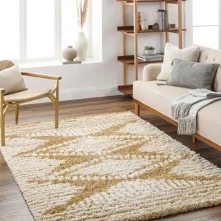 livabliss Tuzla Hochflorteppich 160 x 220 cm Senfgelb/Weiß