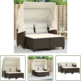 The Living Store Gartensofa 2-Sitzer mit Dach und Hockern Braun Poly Rattan - Braun