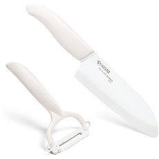 Kyocera GEN WHITE Cut & Peel Set Keramik Santoku Messer mit Schäler | Klinge 14 cm | ergonomischer Griff | extrem scharfes Küchenmesser und Sparschäler | Kochmesser Profi Messer