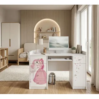 Happy Babies Computertisch mit Tastaturablage, Bürotisch mit Tastaturablage, 5 Schubladen, 1 Ablage, 125x89x60, Weiß, Motive, Aufkleber zur Auswahl, - Weiß